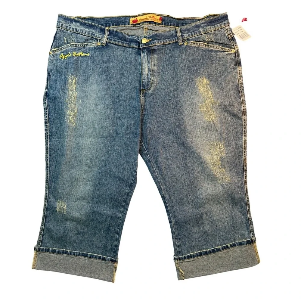 VTG Apple Bottoms Womens Jeans Size 18W Capri Distressed Yellow Embroidered NWOT